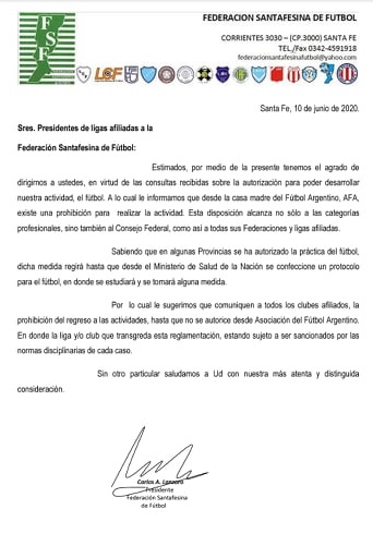 La Federación Santafesina de Fútbol, elevó un comunicado, en relación a los establecido por AFA, respecto de la práctica de fútbol en el pais