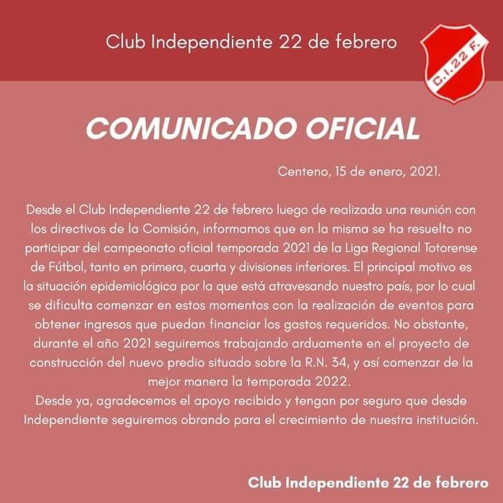 Independiente de Centeno, no participará de la temporada 2021